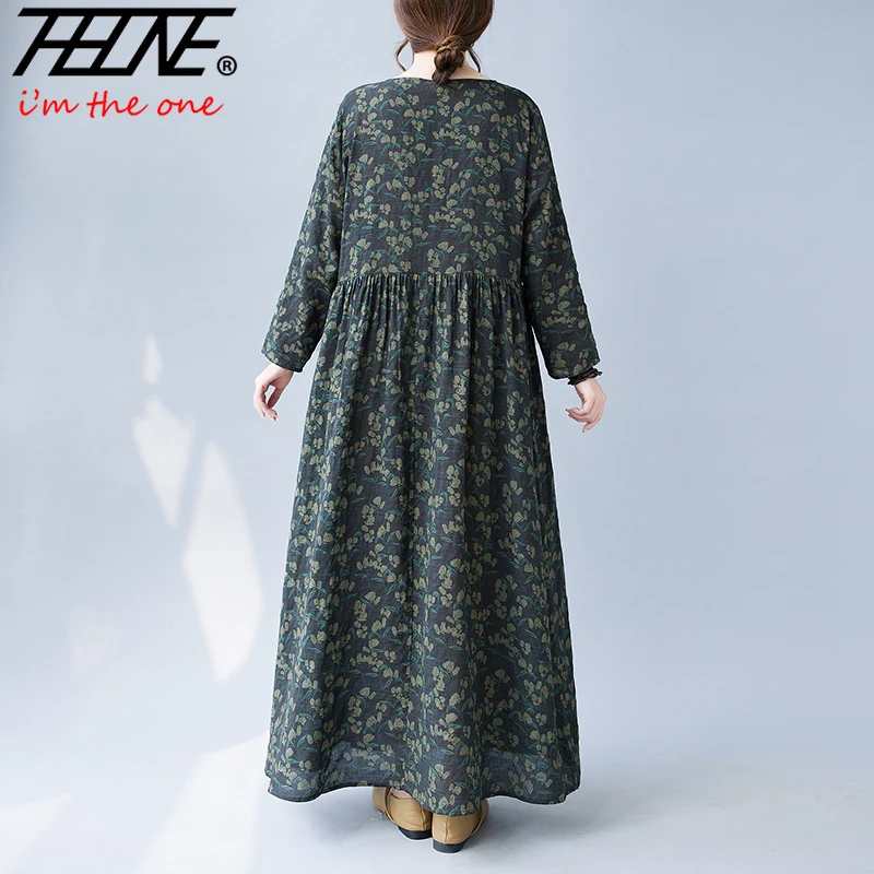 Robe Maxi Long Sleeve Casual Dresses Women 2023 Autumn Winter Vintage Bohemian Cotton Linen Vestidos Floral Print Korean Style