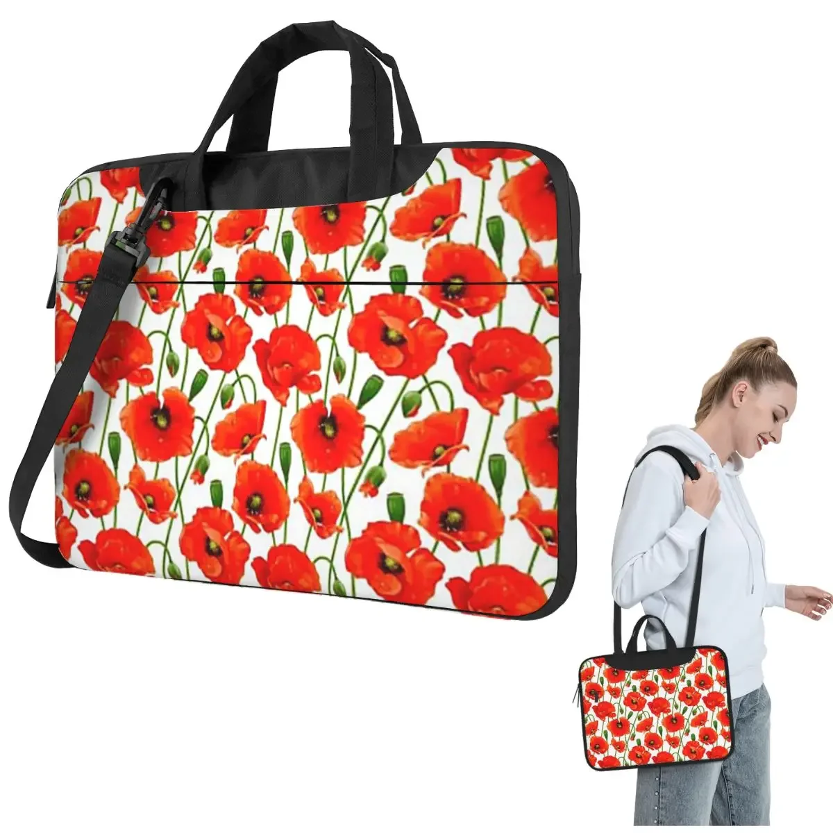 Beautiful Red Poppy Flowers Crossbody Laptop Bag Case Computer Bag Resistant Protective Notebook Pouch for Lenovo