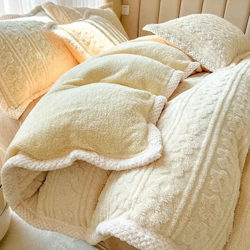 Winter Warm Velvet Bed Linen Bedding Set Plush Four-Piece Bed Sheets Set Comfort Sets Solid Couple Bed Quilt Cover Bedspread