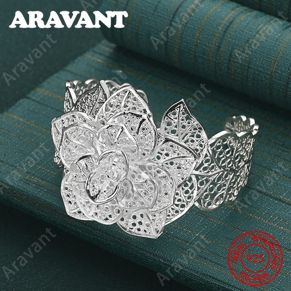 925 Sterling Silver Openwork Flower Bracelet - Exquisite And Cute Wedding Party Jewelry For Women