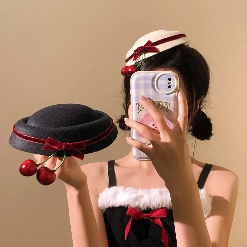 New Cute Bow Tie Cherry Beanie Hat Velvet Beret Hat Hair Clip French Style Headwear Women Hairpin Party Hair Accessories