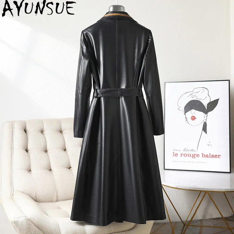 AYUNSUE Giacca in vera pelle Donna Strato superiore Pelle di pecora Cappotti da donna Lace-up Autunno Abbigliamento donna Trench lungo Jaqueta Couro