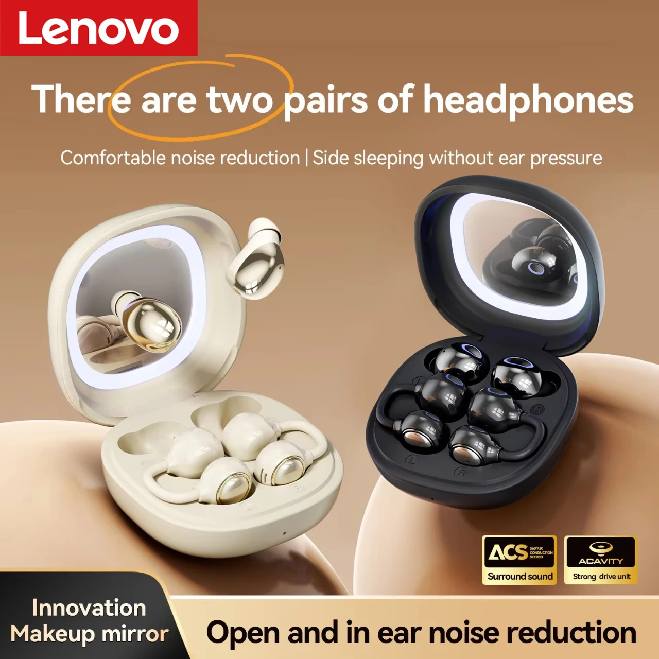 Lenovo 2 Pairs Wireless Bluetooth Earbuds Sleep Noise Cancelling Headphones Makeup Mirror Charging Case Ear Hook Sport Earphones