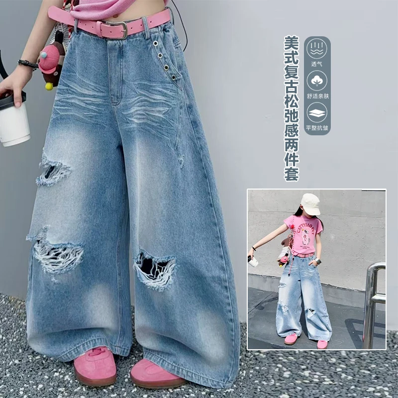 Girls Vintage Y2K Cut Hole Ripped Jeans Street Style Trend Summer Versatile Medium Large Child New Fashion Jeans Without Belt
