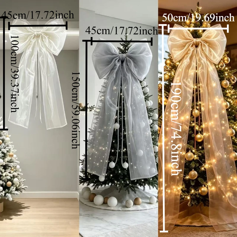 Christmas Tree Topper Bow Set 100cm 150cm 190cm - Handmade Multi-Layer Organza Bows & Ribbons, White Beige Grey Minimalist Treet