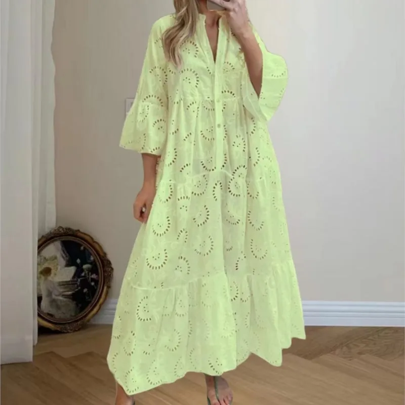 2025 Hollow Out Jacquard Lace Dress Women's Summer Elegant V-neck Flare Sleeve Solid Long Dress Casual Loose Boho Party Vestidos