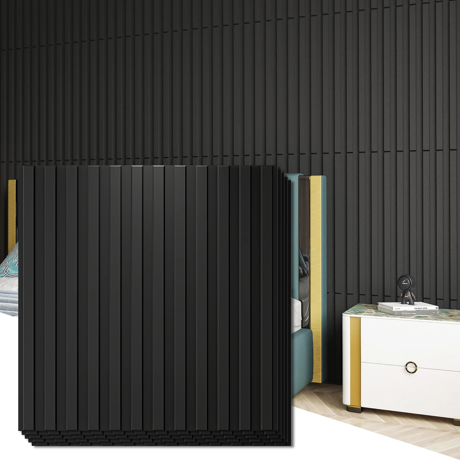 Art3d 12PCS Slat Wall Panel, 3D Fluted Textured 50x50cm Black Home Decoration Waterproof Wall Panels 