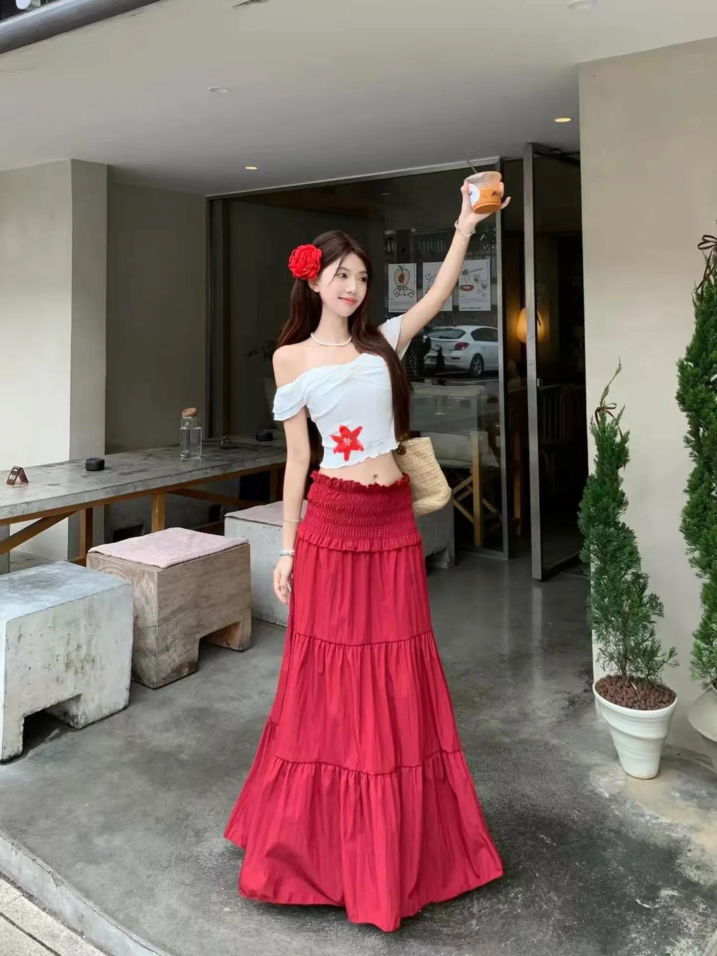 Red Summer Island Style Women's Dress Set One Shoulder Top High Waist  Skirt Two Piece Suit Short Sleeve High Waist Pure ...