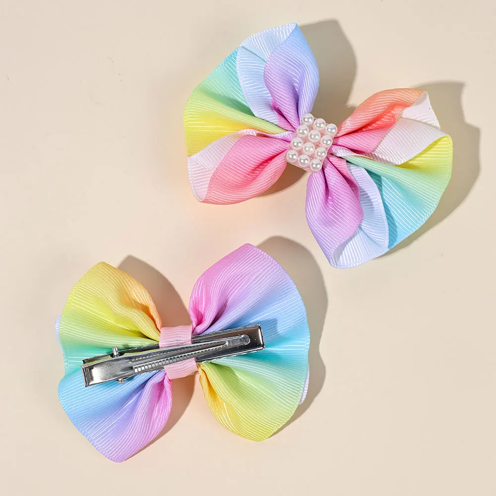 2Pcs Colorful Ribbon Bow Hair Clips Sweet Pearl Hairpins Barrettes Delicate Hairgrips Children Headwear Kids Hair Accessories