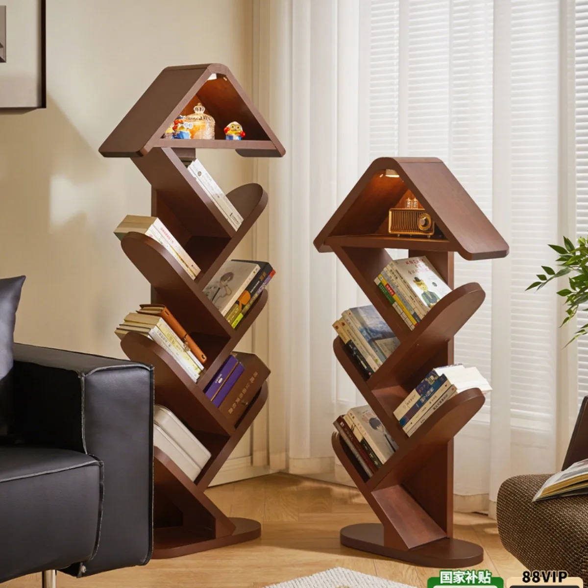 Solid wood tree-shaped bookshelf Floor shelf Living room integrated against the wall Corner small narrow bookcase