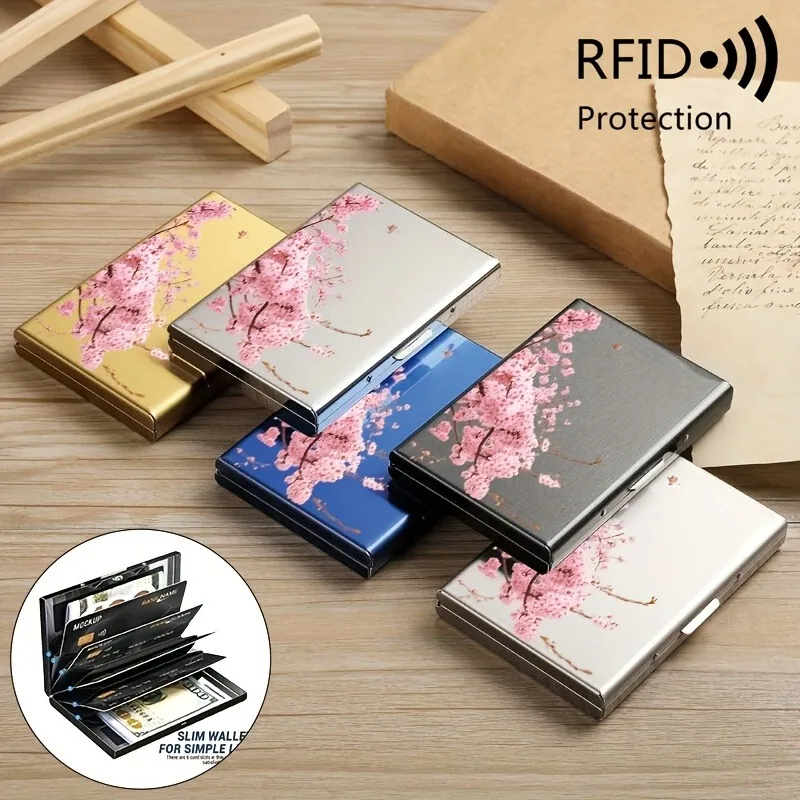 RFID-Diebstahlschutz-Metallkartenhalter mit Muster eines rosa Kirschblütenzweigs für Damen und Herren, sichere und stilvolle Kartenlagerung – Detail 1