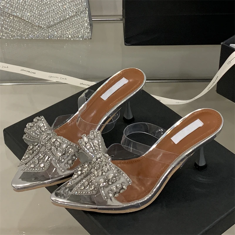 

Aneikeh Elegant Bow Rhinestone Transparent PVC Pointed Toe Slippers Sandals Women Fashion Stiletto High Heels Banquet Prom Shoes