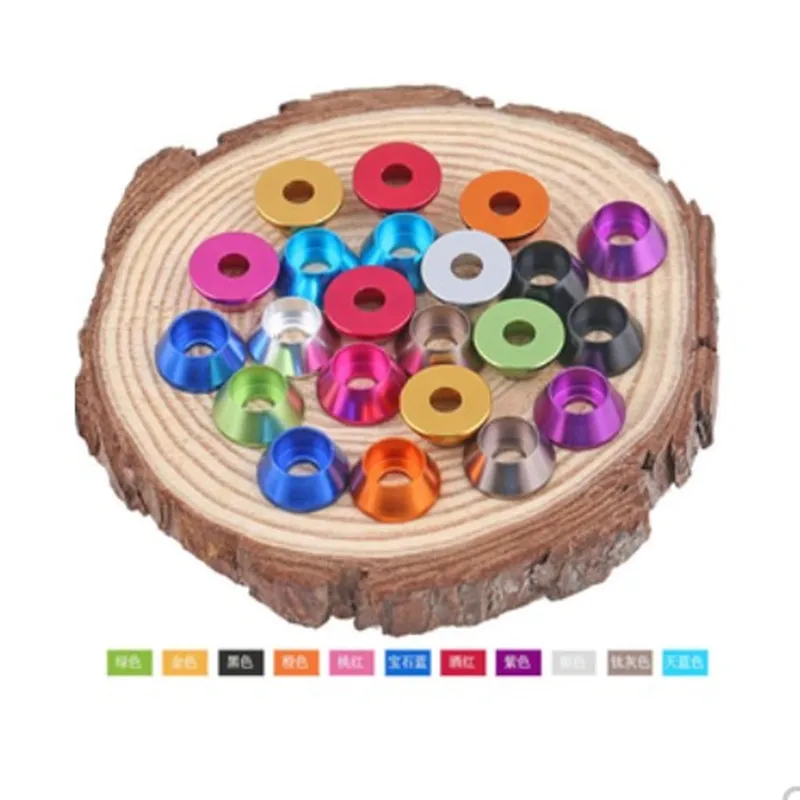 10-50 قطعة/الوحدة الألومنيوم غطاء مخروطي غسالة m2 m2.5 M3 M4 M5 M6 M8 Corlorful سبائك الألومنيوم غطاء رئيس طوقا غسالة لقطع RC #3