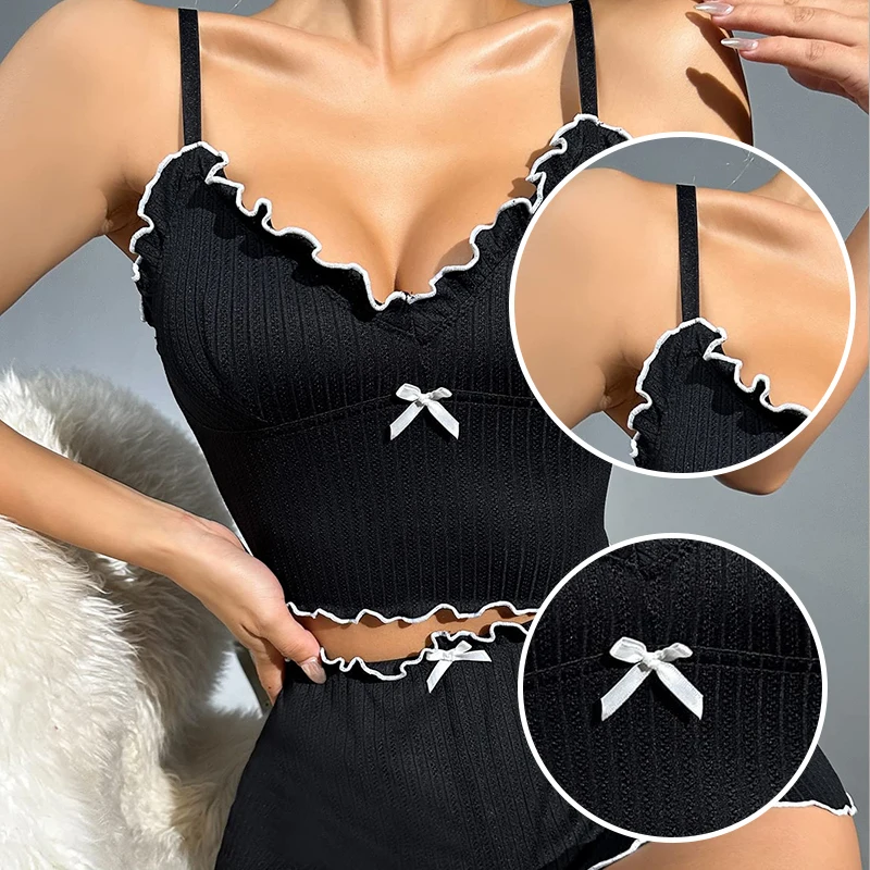 السيدات الصيف قطعتين مضلع النسيج الأسود الخامس الرقبة بروتيل المحاصيل الأعلى والسراويل مثير عارضة بيجامة مجموعة #5