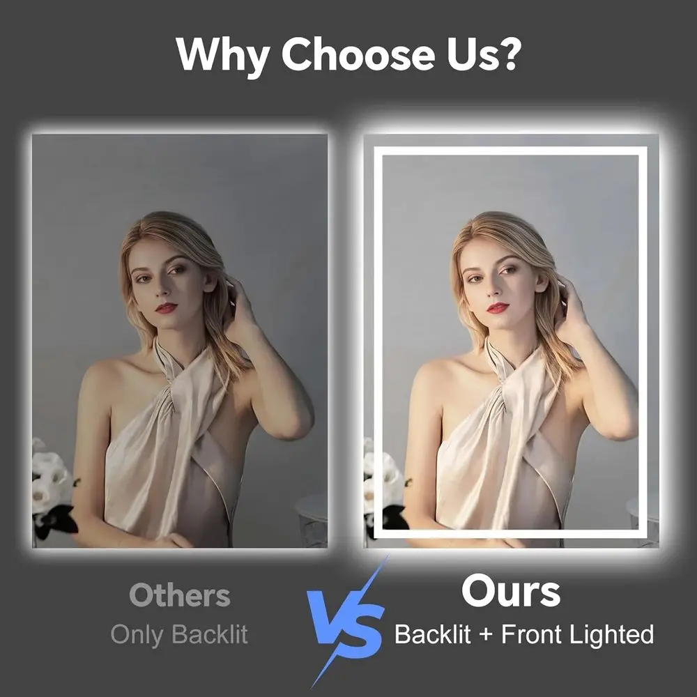 مرآة زينة مضاءة بإضاءة LED مقاس 20 × 28 بوصة، مضادة للضباب، قابلة للتعتيم، بإضاءة خلفية وإضاءة أمامية، مرآة حمام ذكية بثلاثة ألوان #5