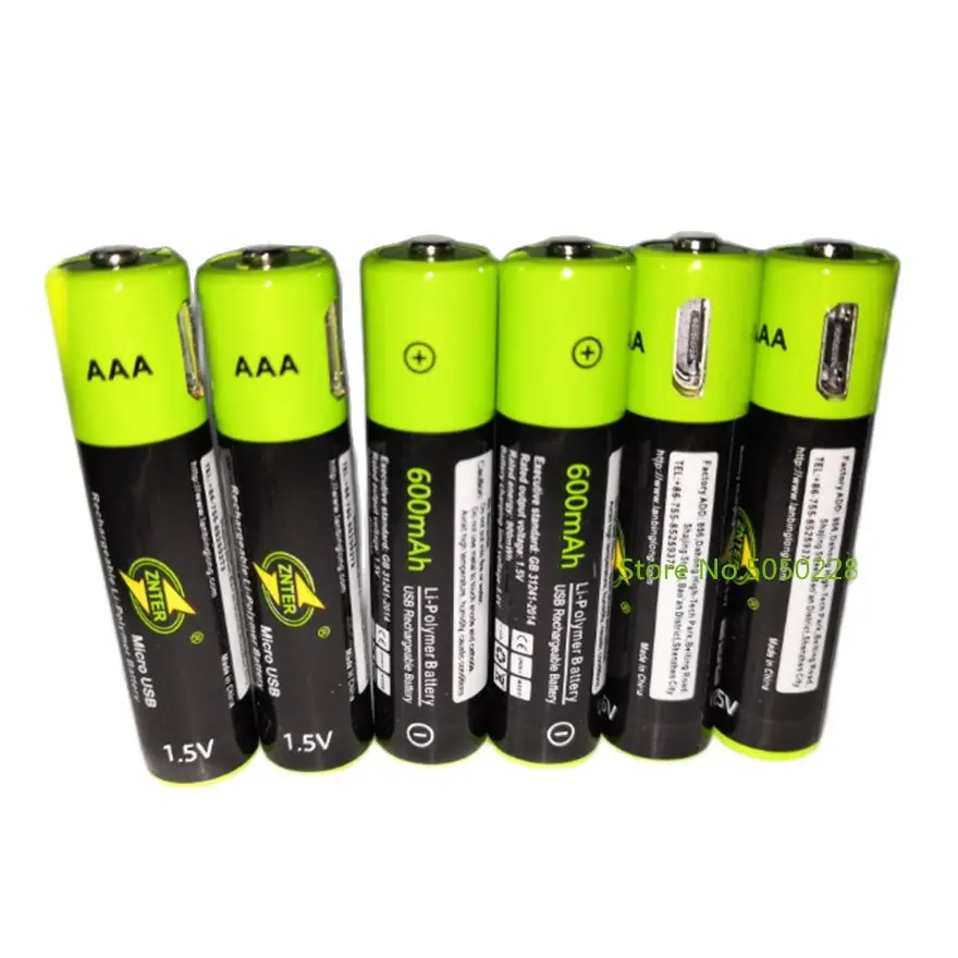 

6pcs/lot ZNTER 1.5V AAA 600mAh rechargeable lithium battery USB lithium polymer battery fast charging via Micro USB cable