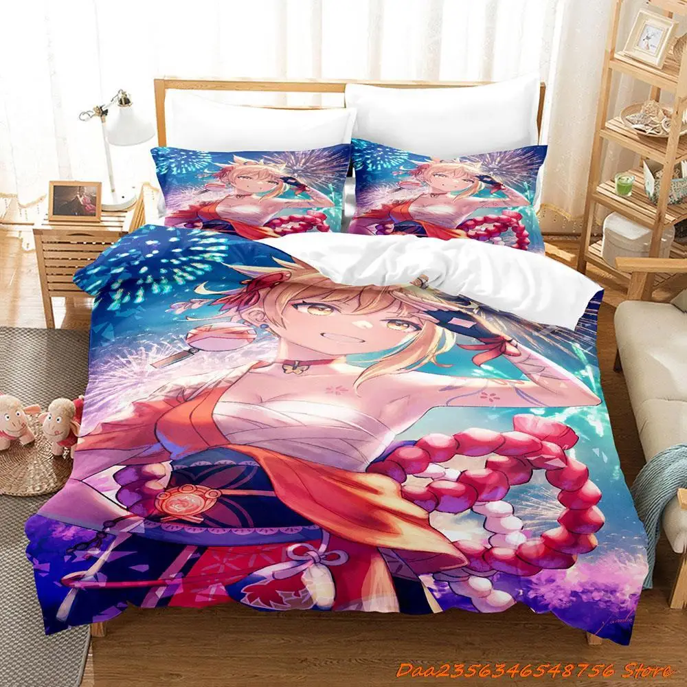 

New Personelity 2026 Game Yoimiya Anime Three Piece Bedding Set - Luxury Comforter Set with Queen King Size Including pillowcase
