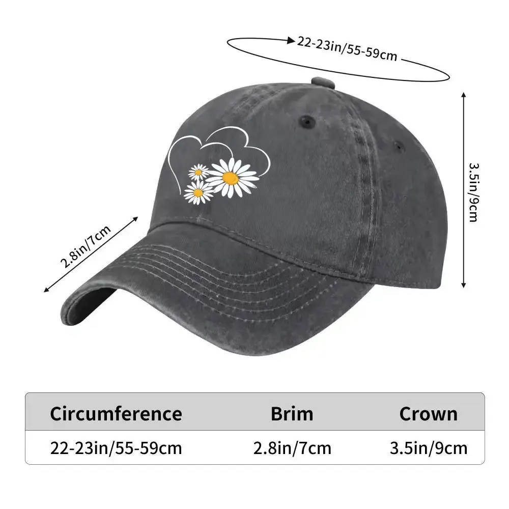 Daisy Heart Print Baseball Cap Vintage Washed Denim Adjustable Casual Sun Hat for Unisex