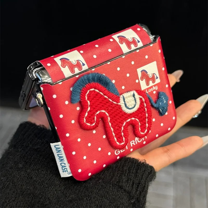 

Cute dot pony case for Samsung Z Flip7 zflip6 5/OPPO find n3 n2Flip/Xiaomi Mix flip Red embroidered horse Leather Cover New Year