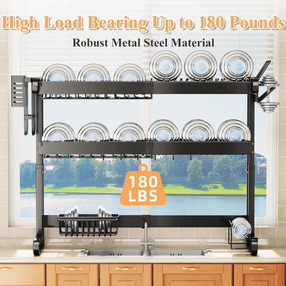 Over The Sink Dish Drainer Drying Rack, 3 Tier Adjustable (18.9" to 33.5") Kitchen Dish Rack Over Sink, Large Dish Drainer with