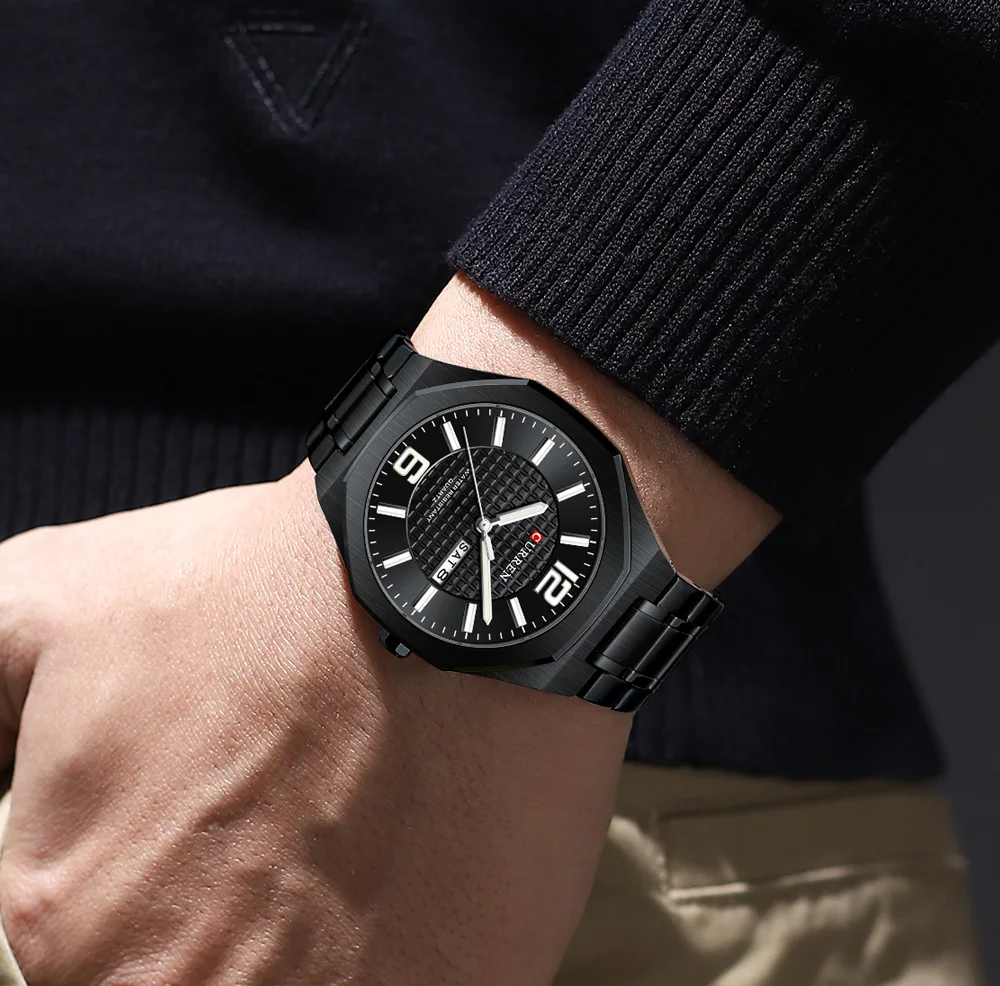 CURREN Herren-Businessuhr Quarz mit Tages- und Datumsanzeige, Edelstahlarmband, schlanke Armbanduhr für Männer, Leuchtzeiger – Detail 17