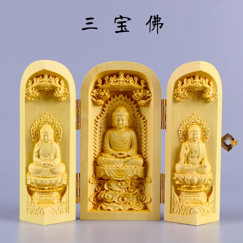 Buddhism sacred holy  #  home TOP efficacious Talisman Protection Shakya Mani Sambo Buddha Sculpture Wood carving  ART statue