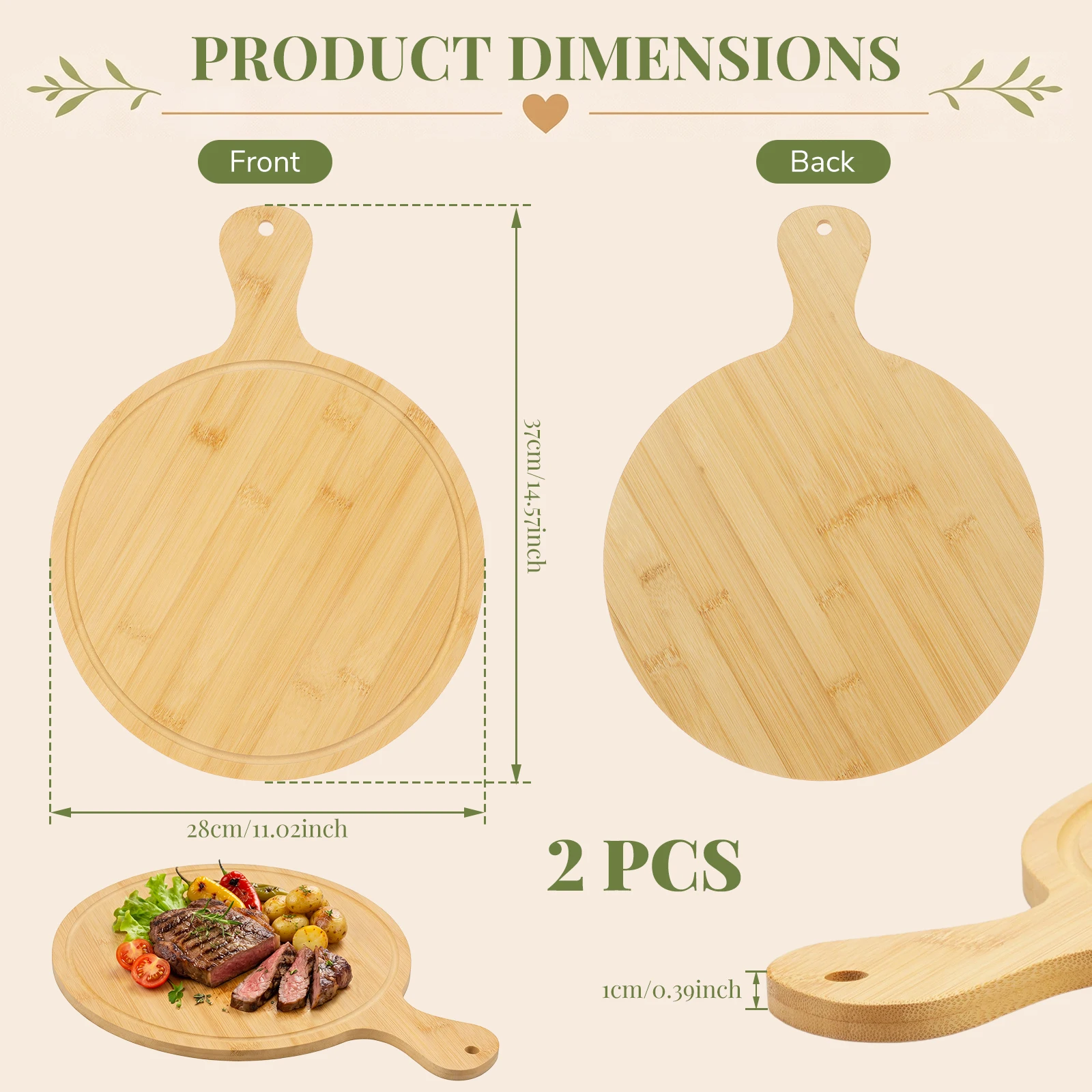 1/2Pcs Bamboo Pizza Peel Multi-functional Charcuterie Board Reusable Cutting Boards with Handle Kitchen Chopping Board for Bread