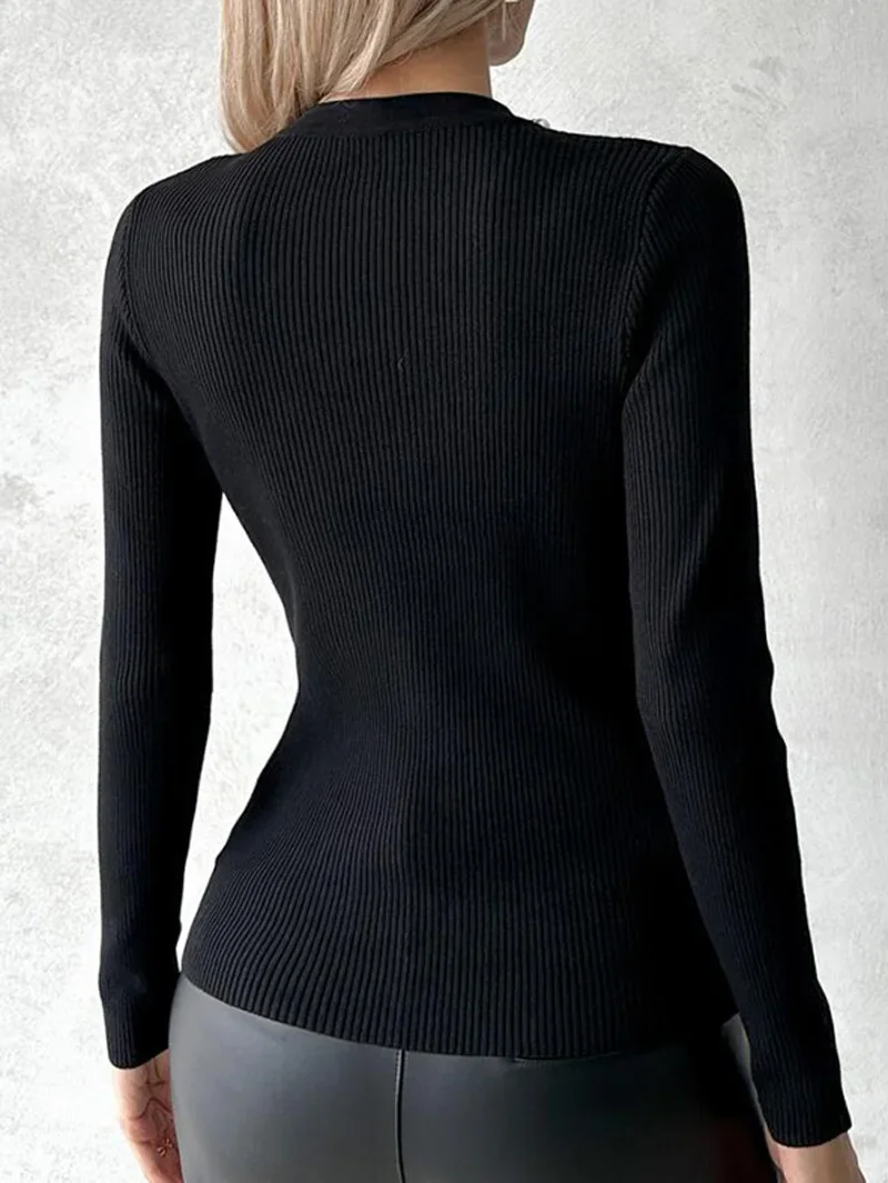 Frauen lässig einfarbig O-Ausschnitt Langarm Perlen Strick pullover