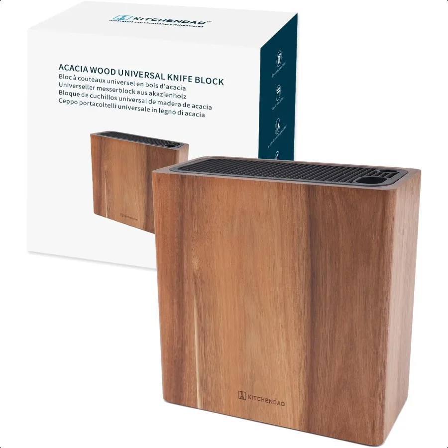 

XL Acacia Wood Universal Knife Block with Slots for Scissors and Sharpening Rod Safe Space Saver Knives Storage Stand Display w