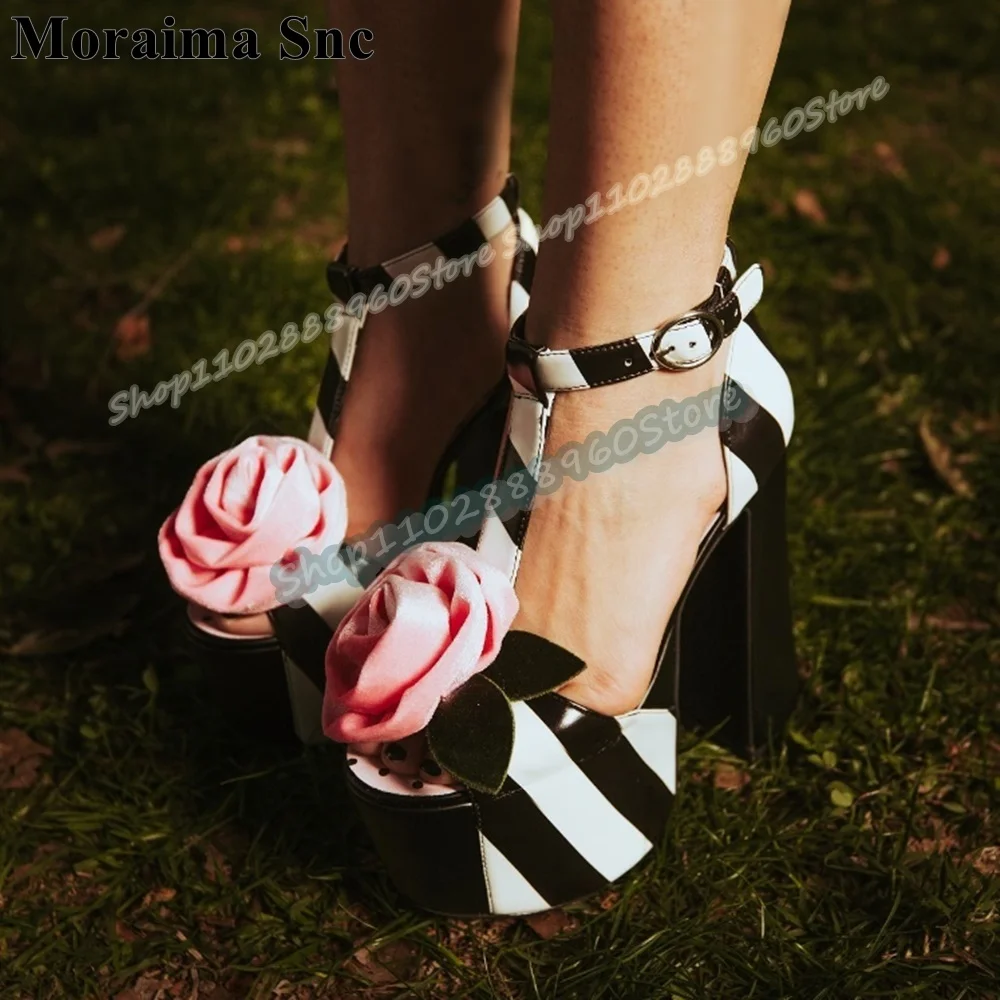 

Mixed Zebra Print Leather Rose Platform Sandals Chunky High Heel Women Shoes Ankle Buckle Strap Peep Toe Party Stylish Sandals