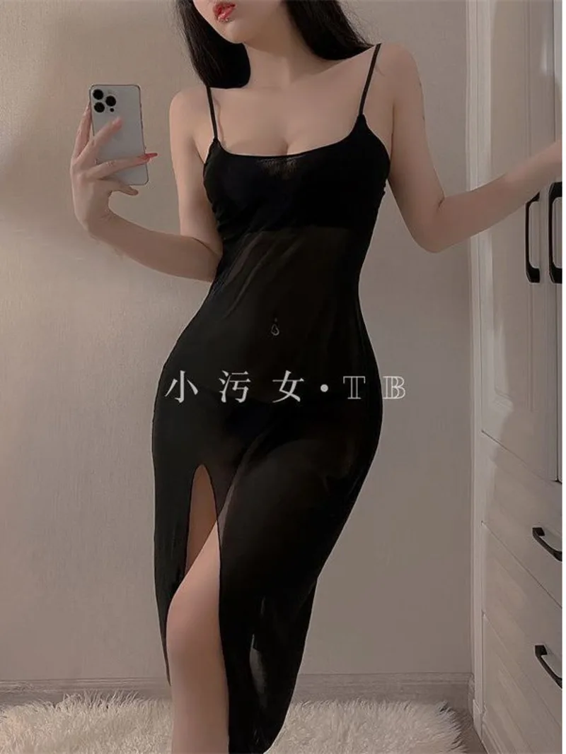 2023 Summer New Women's Sexy Gauze sling Sleeping Dress Transparent Temptation low-cut Split Solid Color Mid length Dress XT8R