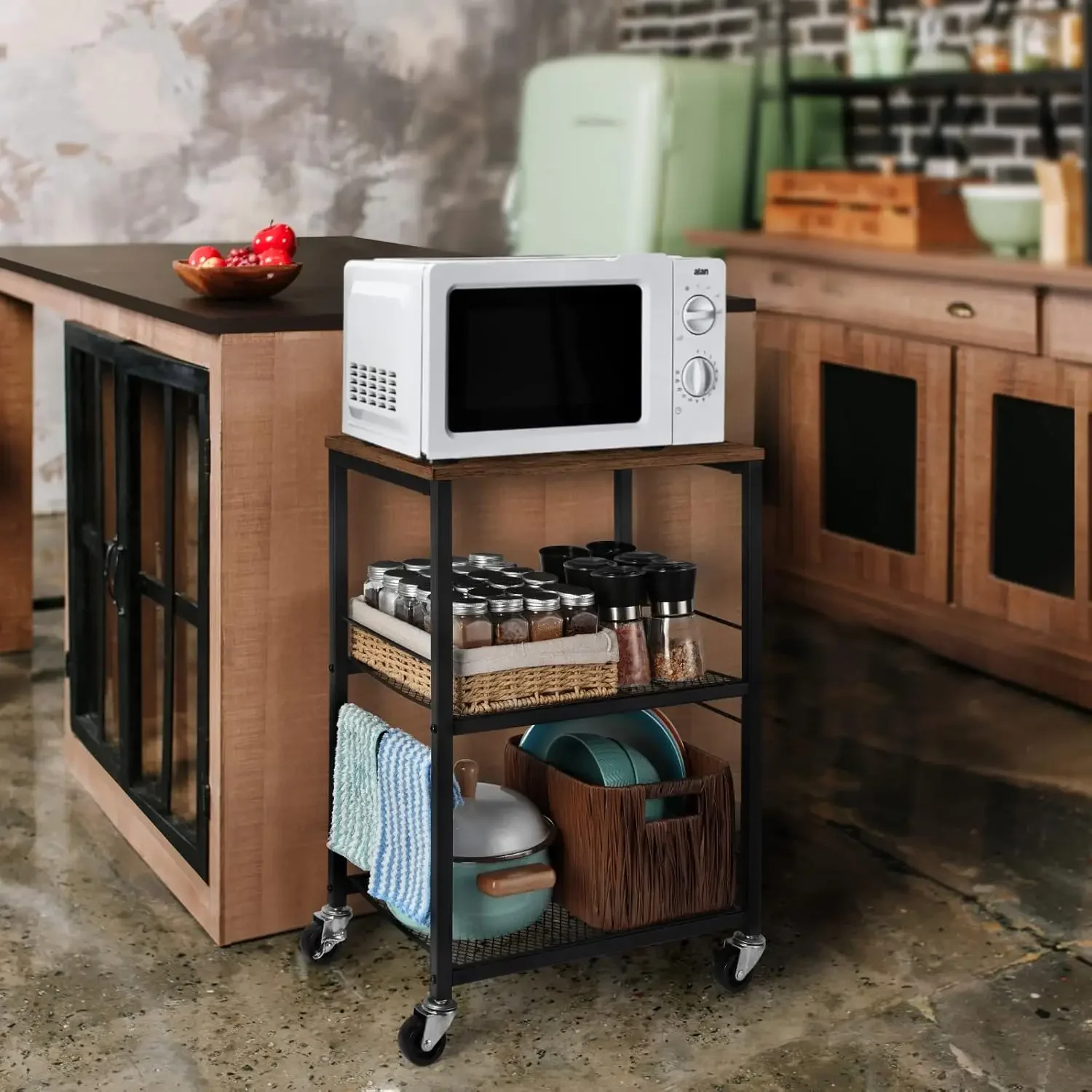 عربة دوارة من 3 طبقات من LIANTRAL، عربات مطبخ بنية على عجلات مع مساحة تخزين، عربة أدوات متعددة الوظائف للمطبخ والحمام