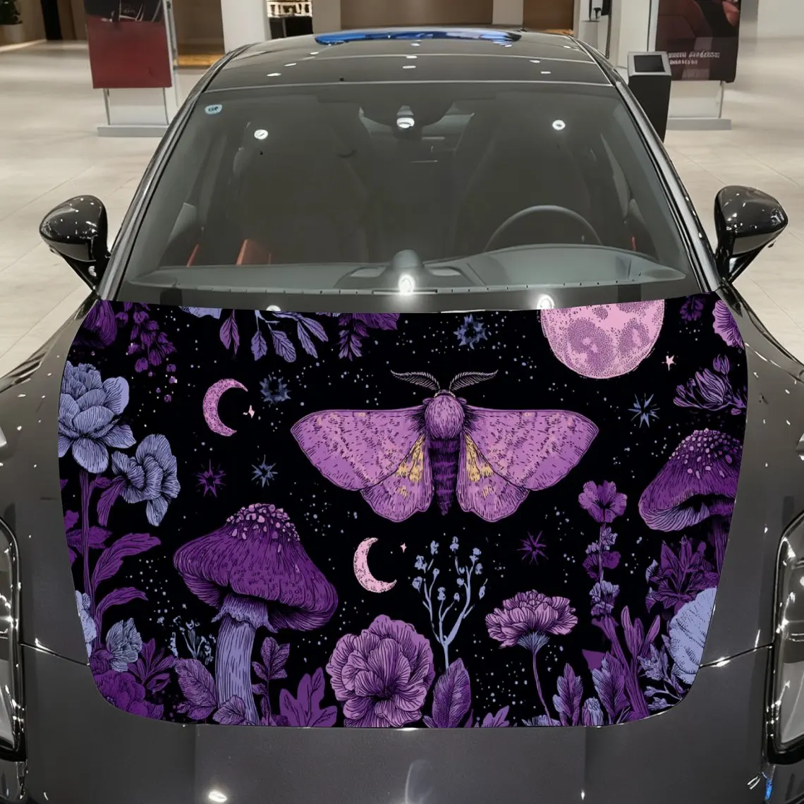 

Car Decal Moth with Purple Floral, Moon & Mushroom Artistic Background & Mysterious-Occult Aesthetic Car Hood Sticker, Waterproo