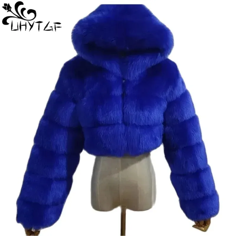 Fashion Hooded Faux Fur Coat Women 2023 Winter Tops Quality Warm White Furry Overcoat Elegant Crop Jacket Femme Large Size 461