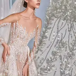 2D Leaves Laser Cutting Embroidery Beading Lace Fabric Silver Color Dress Gowns Patchwork Material 2023 NEW