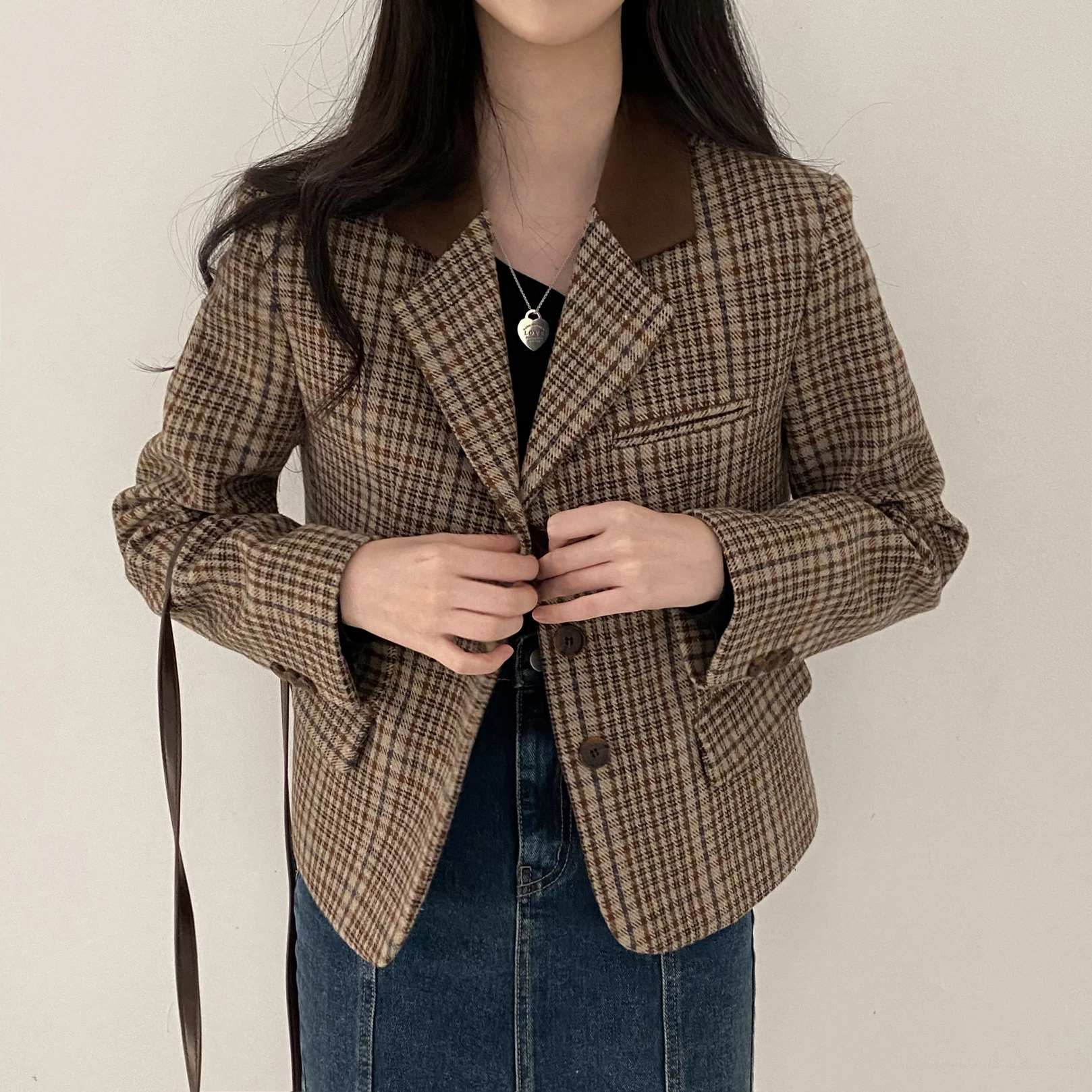 Korean Style Autumn Winter Plaid Short Suit Jacket Color Block Collar Atmosphere Vintage Woolen Coat Long Sleeve Women's Fashion