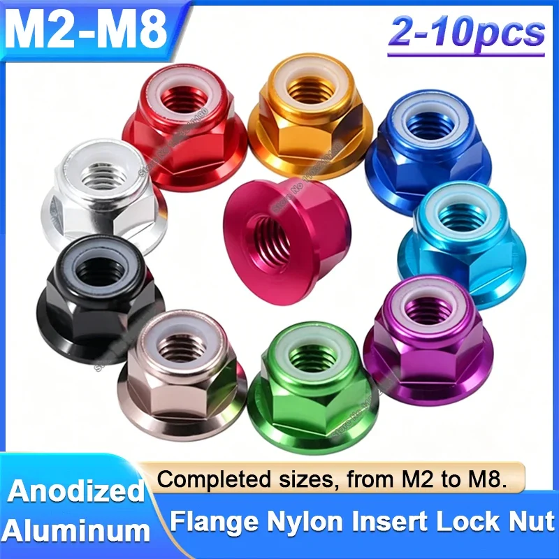 2-10pc Flange Nylon Insert Lock Nuts M2 M2.5 M3 M4 M5 M6 M8 Anodized Colourful Aluminum Self-Locking Nut for RC FPV Racing Drone