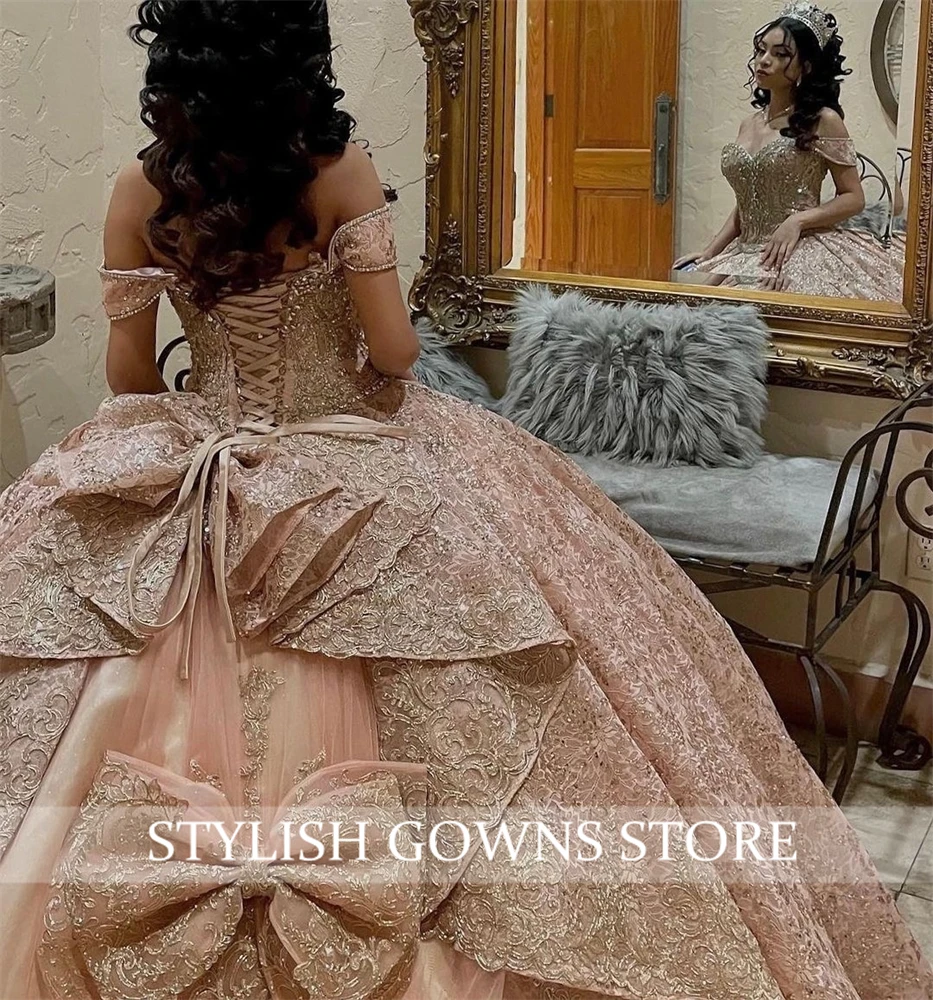 Champagne Rose Gold Off The Shoulder Ball Gown Quinceanera Dresses For Girls Sparkly Beaded Birthday Party Gowns Lace Up Back