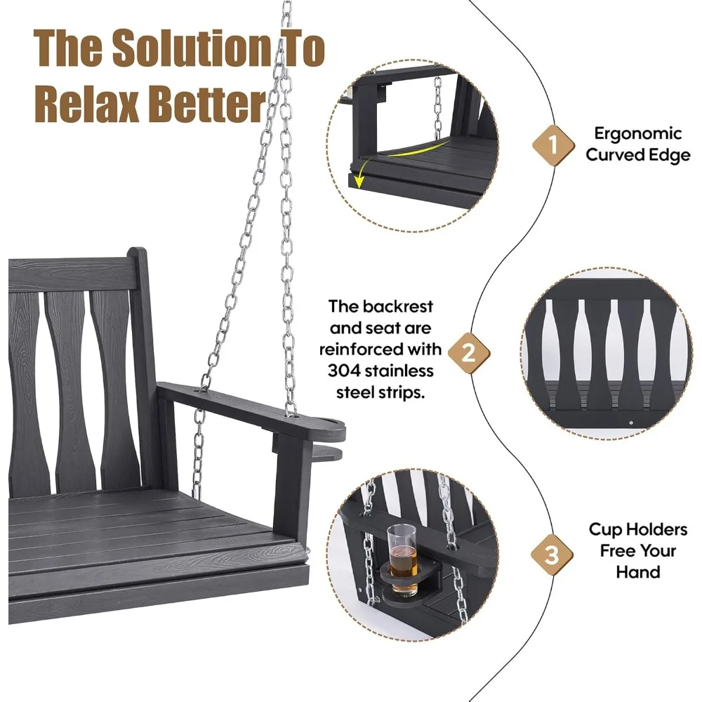 أرجوحة الشرفة المعلقة في الهواء الطلق في جميع الأحوال الجوية، مقعد أرجوحة معلق بمقعدين مع حاملات أكواب، كرسي أرجوحة للفناء مع سلاسل معلقة