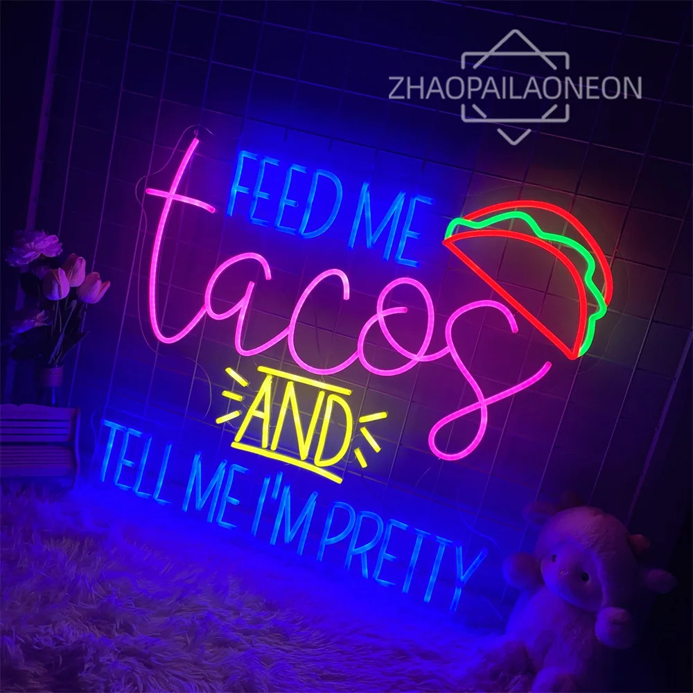 Large Sign Feed Me Tacos And Tell Me I'm Pretty Neon Sign Restaurant Neon Light Wall Decoration Shop Signboard Decor Led Snack