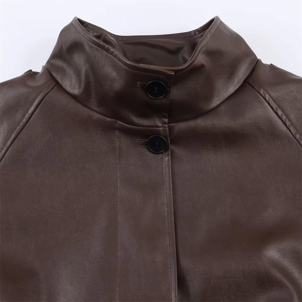 Otoño/Invierno nueva moda mujer estilo europeo y americano manga larga imitación cuero cuello alto chaqueta abrigo corto