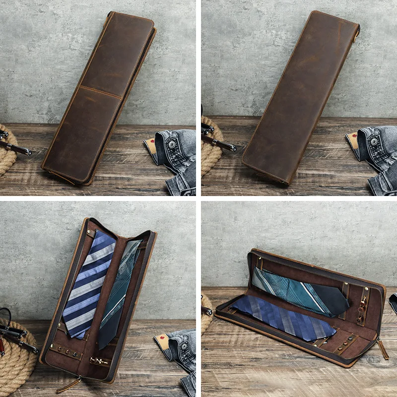 Cow Leather Tie Organizer Case Travel-Friendly Storage Bag with Strap Holders Cufflink Compartments for Men's Formal Accessories