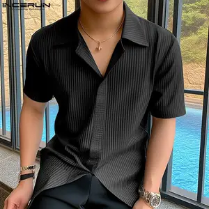 INCERUN Tops 2024 Korean Style Men Texture Buttonless Pullover Design Shirts Casual Simple Comfortable Short Sleeved Shirt S-5XL