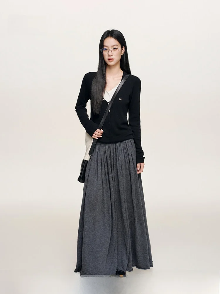

Liilou Silken Wool Elastic Wide Waist Folded A-Line Long f Skirt Dra Sensation Comfortable Vintage Sle Casual Skirt