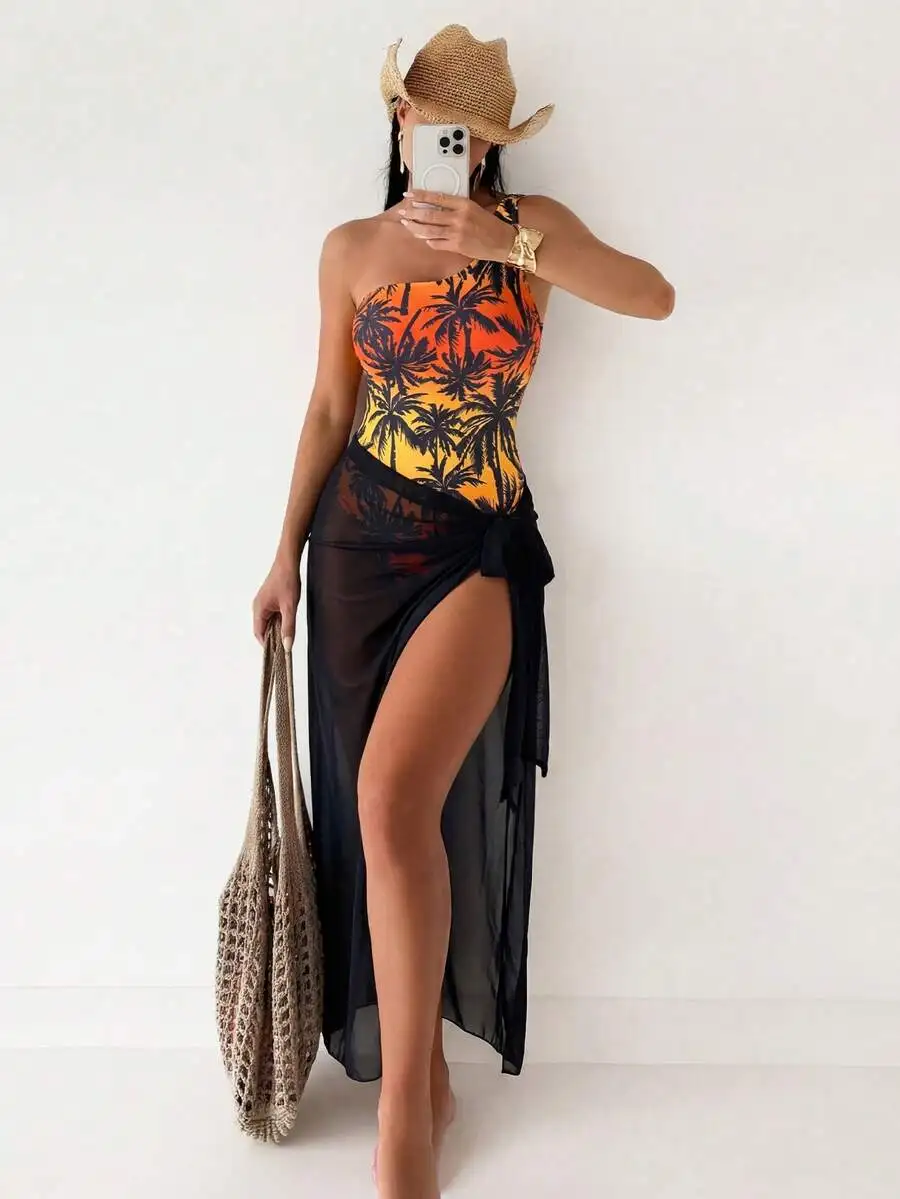 

Tropical Palm Tree Print One Shoulder Swimsuit With Sheer Mesh Beach Skirt