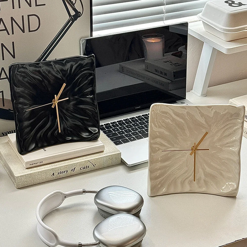 

Light Luxury Clock Ceramic Handicraft Ornaments Nordic-style Pleated Wall Clocks Niche Artistic Creative Decorative Household