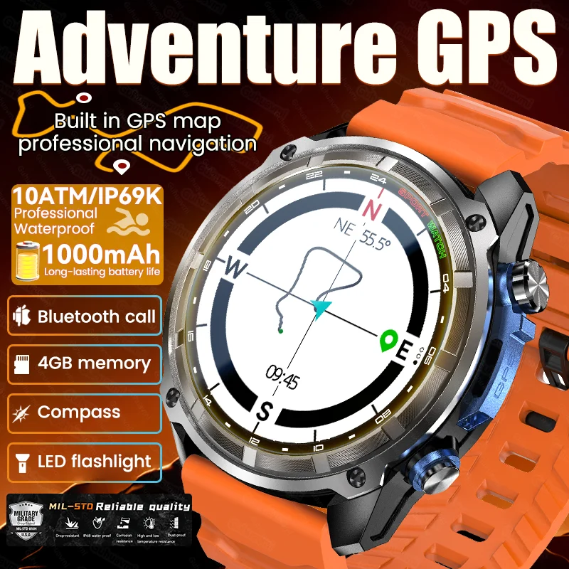 New Outdoor Adventure GPS Smart Watch Built-in GPS Map 4GB Memory 1000mAh Bluetooth Call 10ATM Waterproof Men Sports Smartwatch