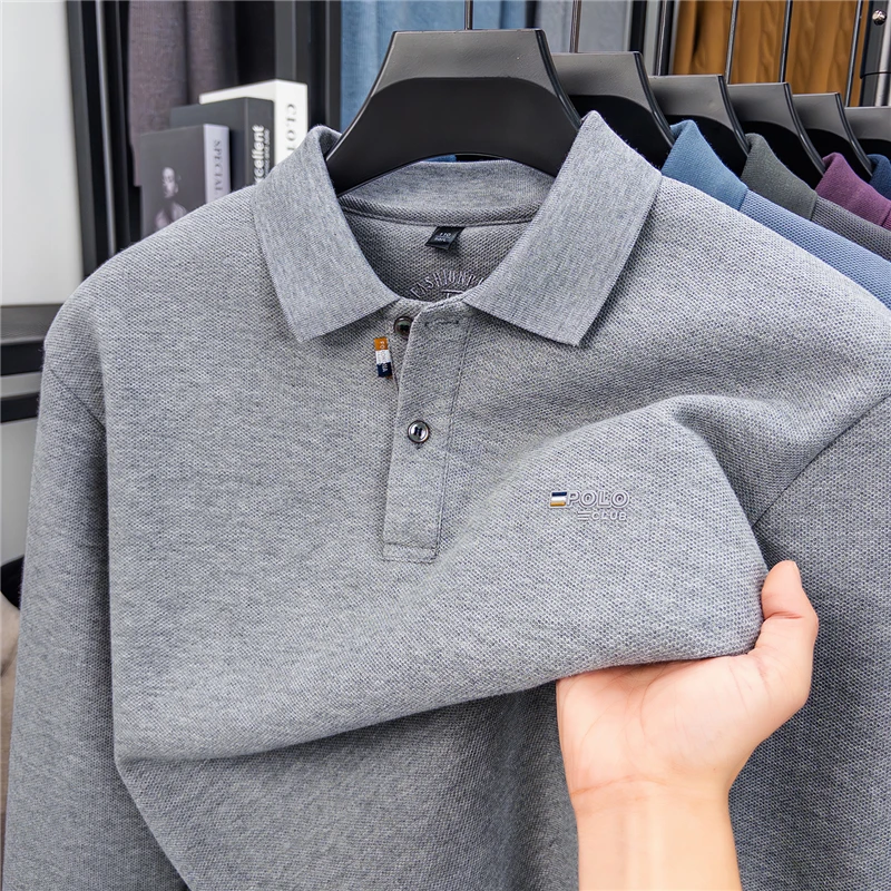 

Мужская рубашка поло оригинального дизайна, футболка с длинным рукавом и лацканами, осень-зима, Новое поступление, плюшевая утепленная модная мужская одежда с буквенным принтом