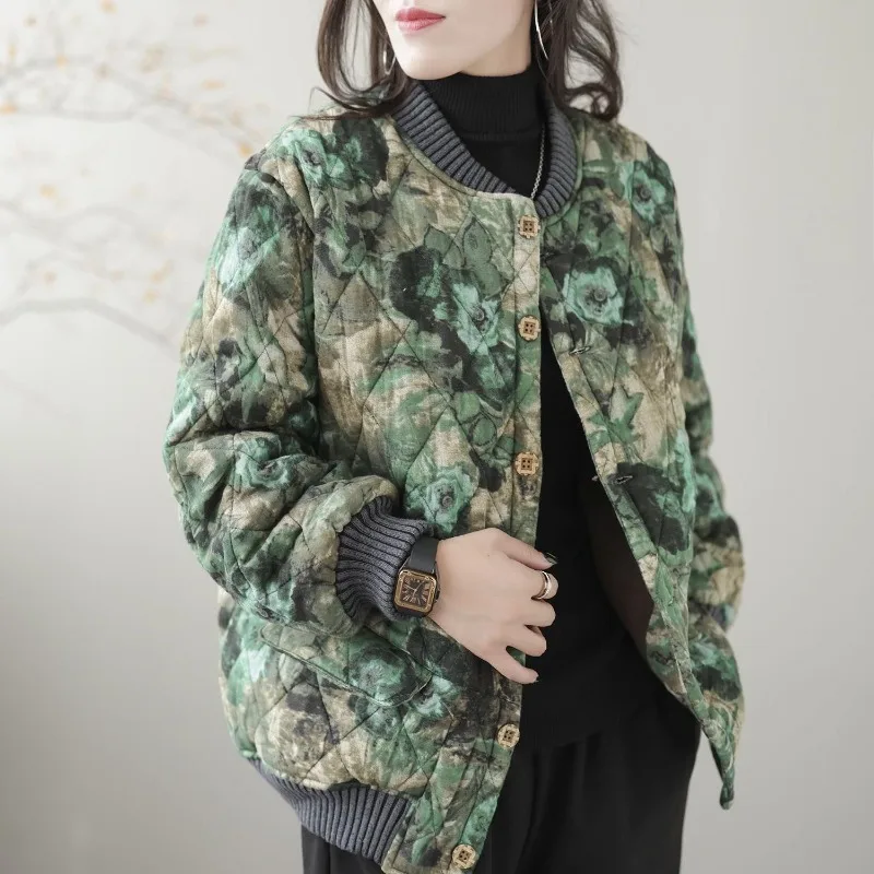 Vintage Print Cotton Coat Women Autumn Winter Quilted Jacket Single-breasted Warm Cotton-padded Jacket Korean Parkas Outerwear