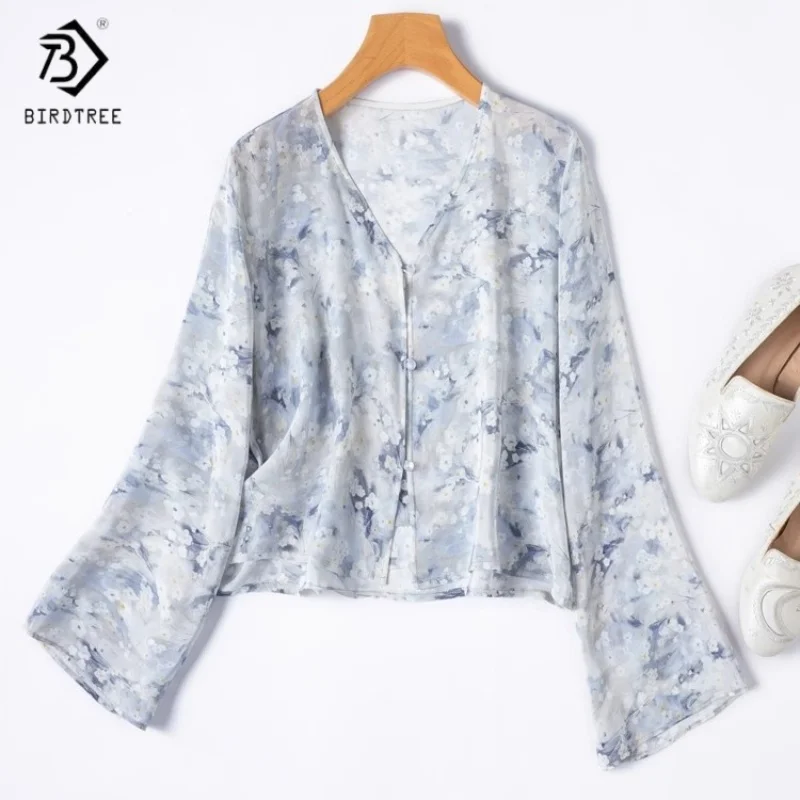 

Birdtree Women's 100% Silk Shirt, Double Crepe V-Neck Printing Sun-Protective Long Sleeve Clothing,2025 Summer T55745JF